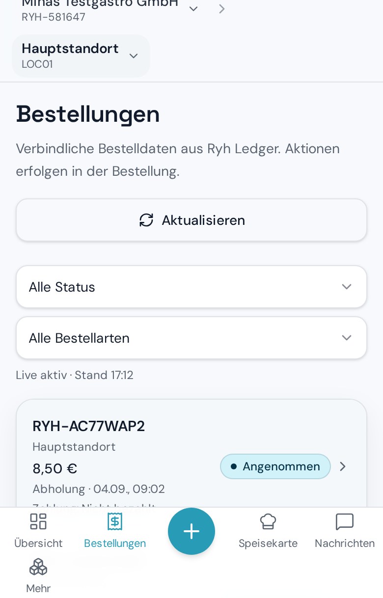 Bestellübersicht im RyhPartner-Portal auf dem Smartphone